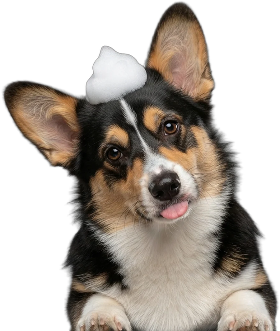 Cachorro com espuma na cabeça espiando por trás dos cartões